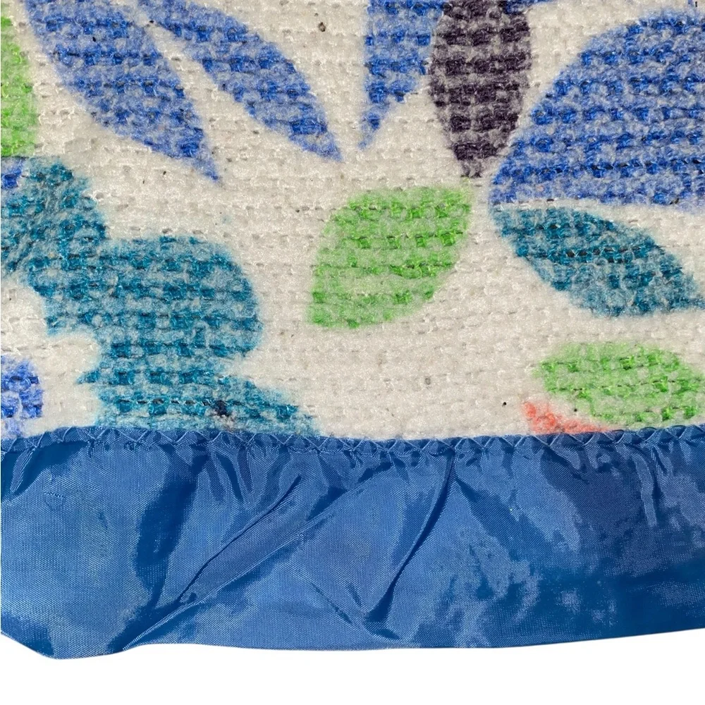 Vintage 60s 70s Floral Multicolor flower power print Blue Silky trim Blanket